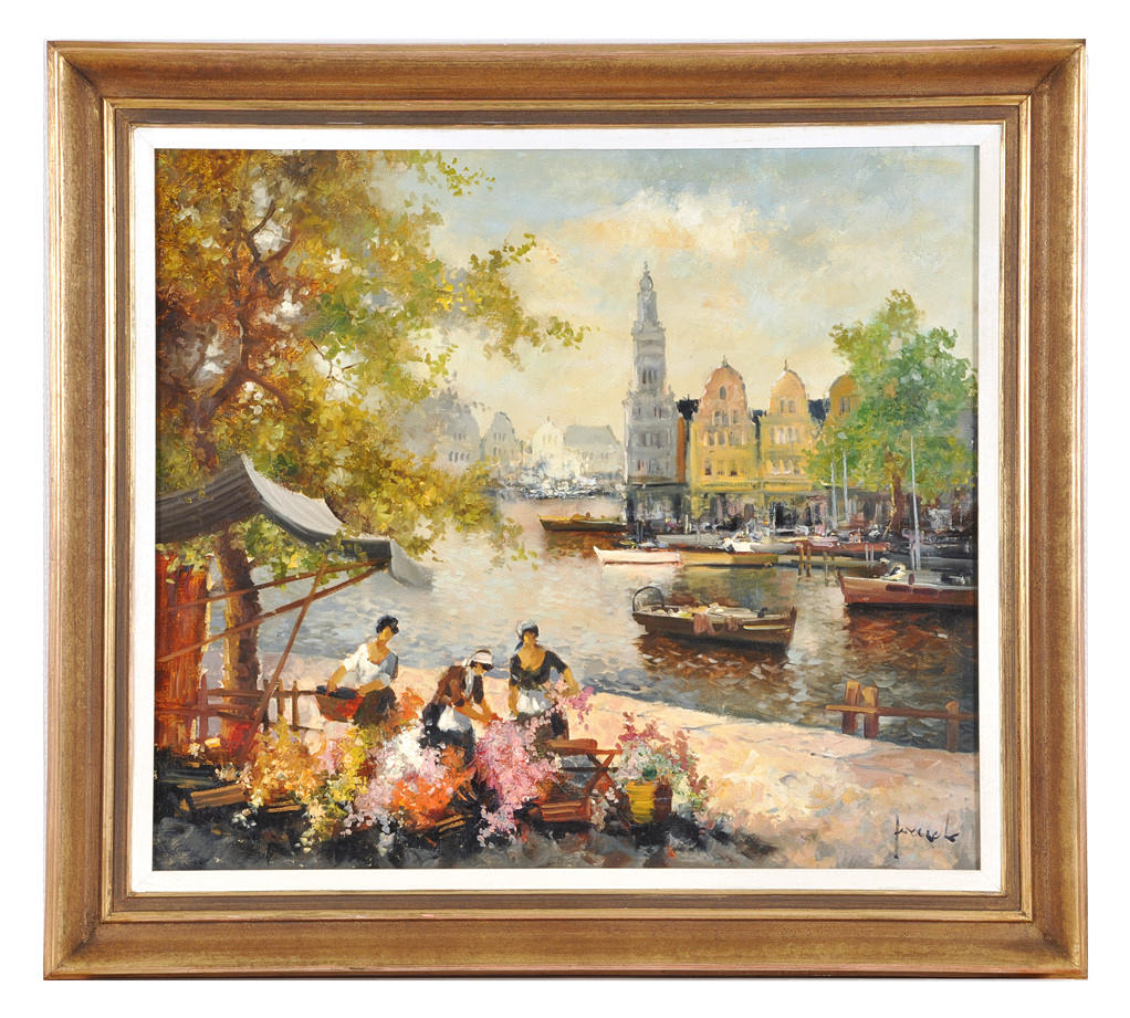 CHRISTIAN JERECZEK. ”Amsterdam blomstermarknad”. veduta av en marknadsaktivitet.