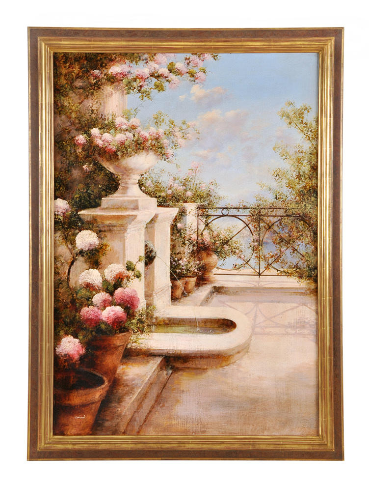 STIMI SIGNIERT. Medelhavet intryck. Blomsterprydd terrass med gargoyles.