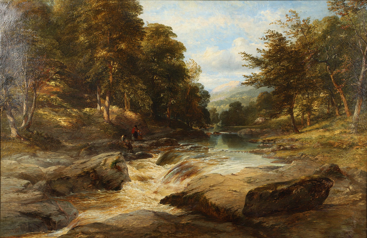 ATTRIBUTED TO GEORGE AUGUSTUS WILLIAMS (1814-1901). A RUSTIC FAMILY BY A WOODED RIVER.