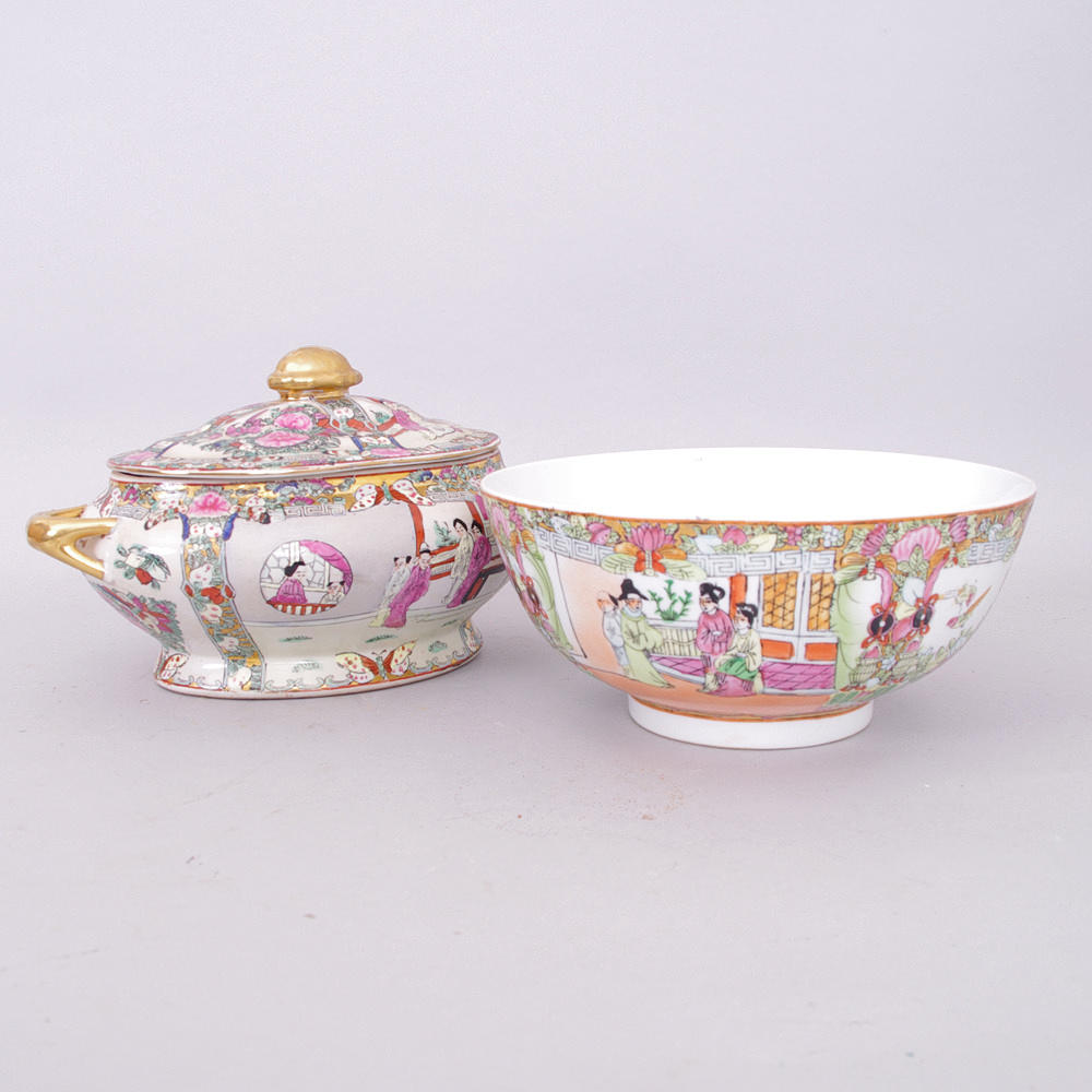 TERRIN SAMT SKÅL, famille rose, Kina, 1900-tal.