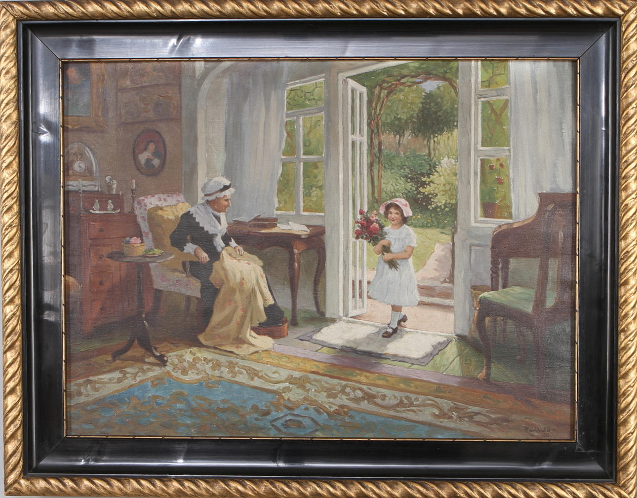 OIDENTIFIERAD KONSTNÄR. interiör med gumma och flicka, olja på duk, signerad Rombald samt daterad -26.