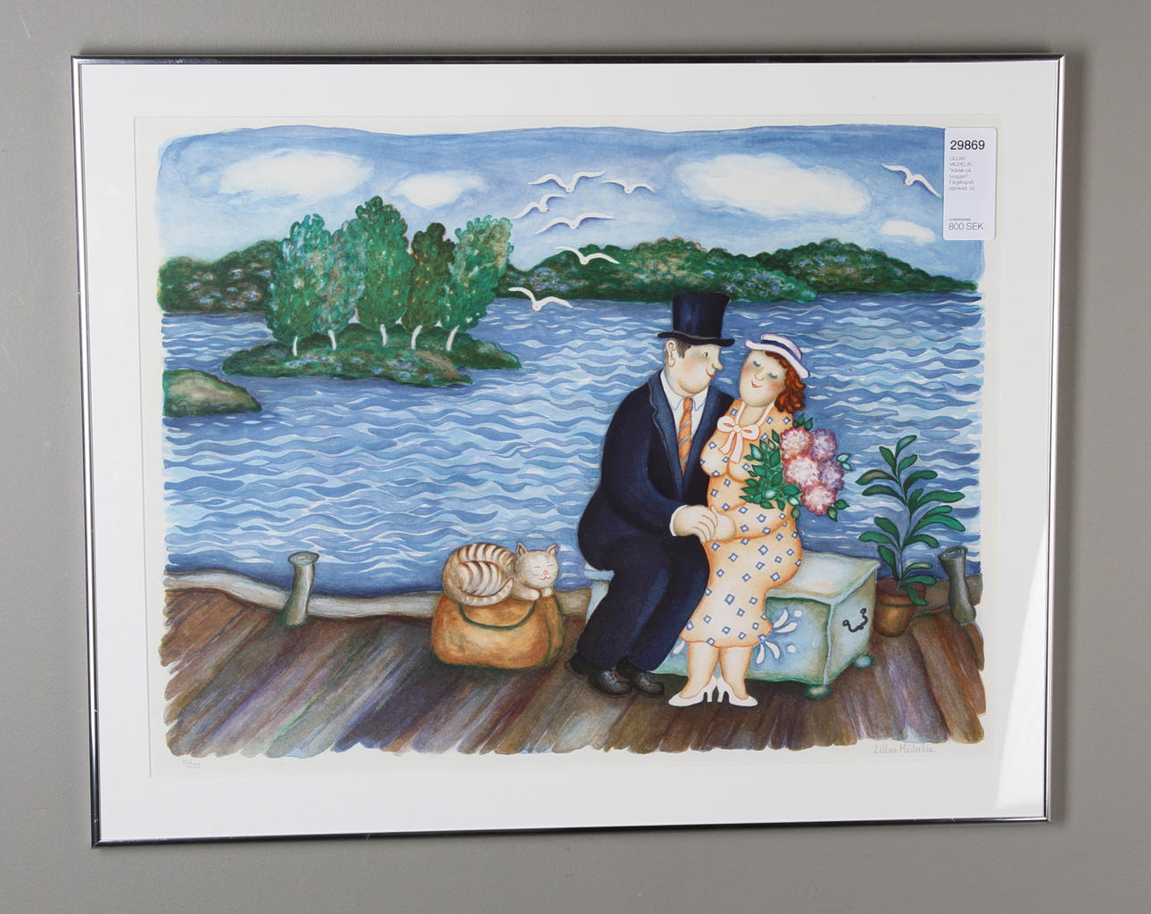 LILLAN MICHELIN. "Kärlek på bryggan". Färglitografi, signerad.