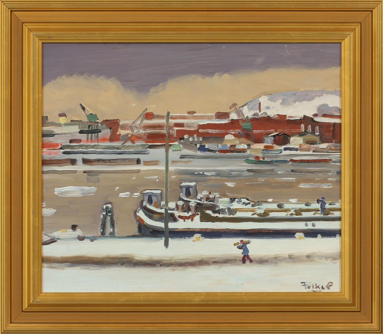 FOLKE PERSSON. Göteborgs hamn, olja på pannå, signerad Folke P.