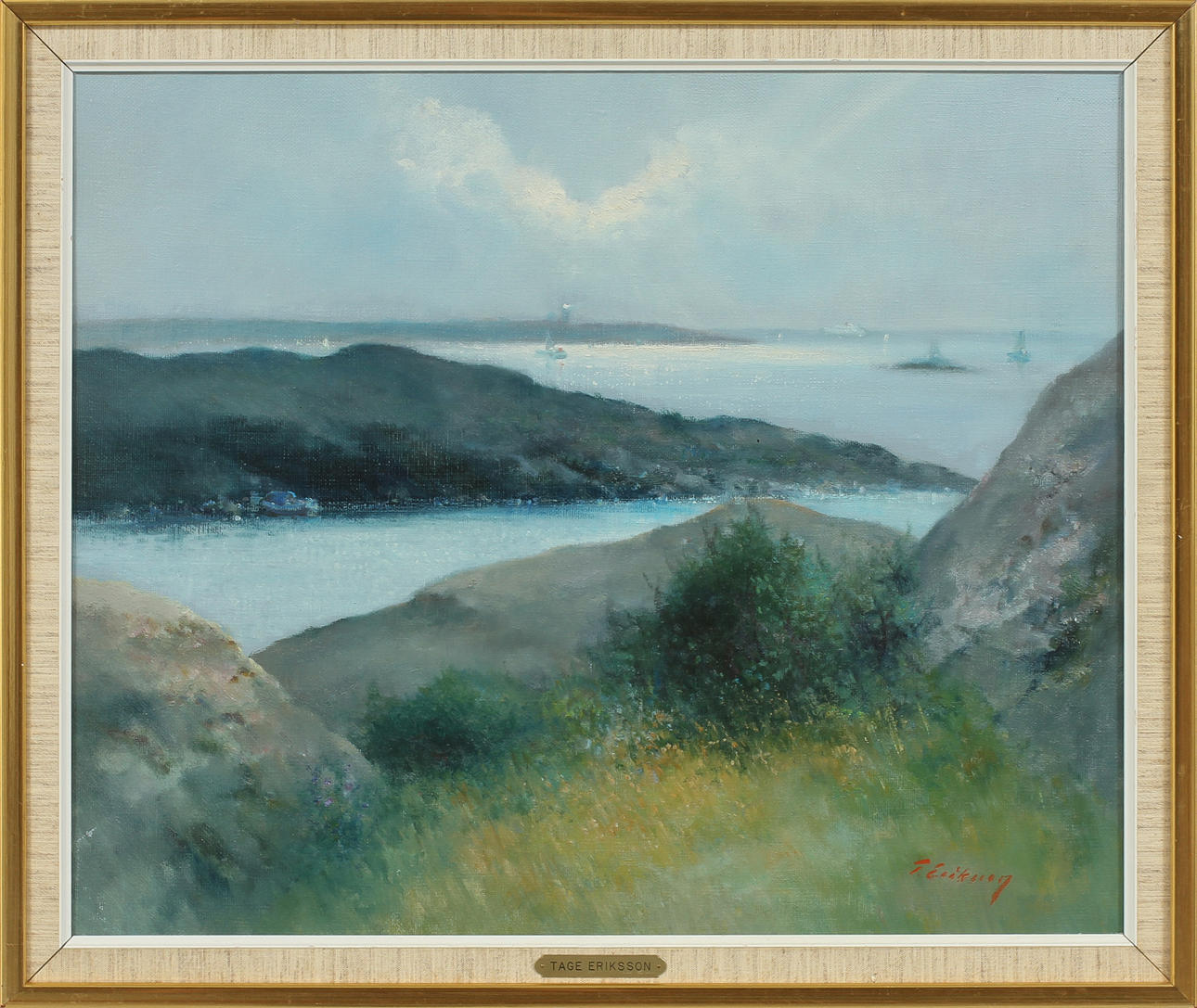 TAGE ERIKSSON. "Vy utanför Fotö mot Vinga", olja på duk, signerad.