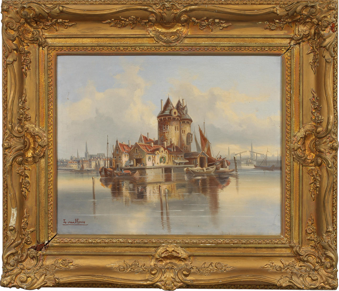 KARL KAUFMANN. TILLSKRIVEN. Hamnstad, olja på duk, signerad L Van Howe.