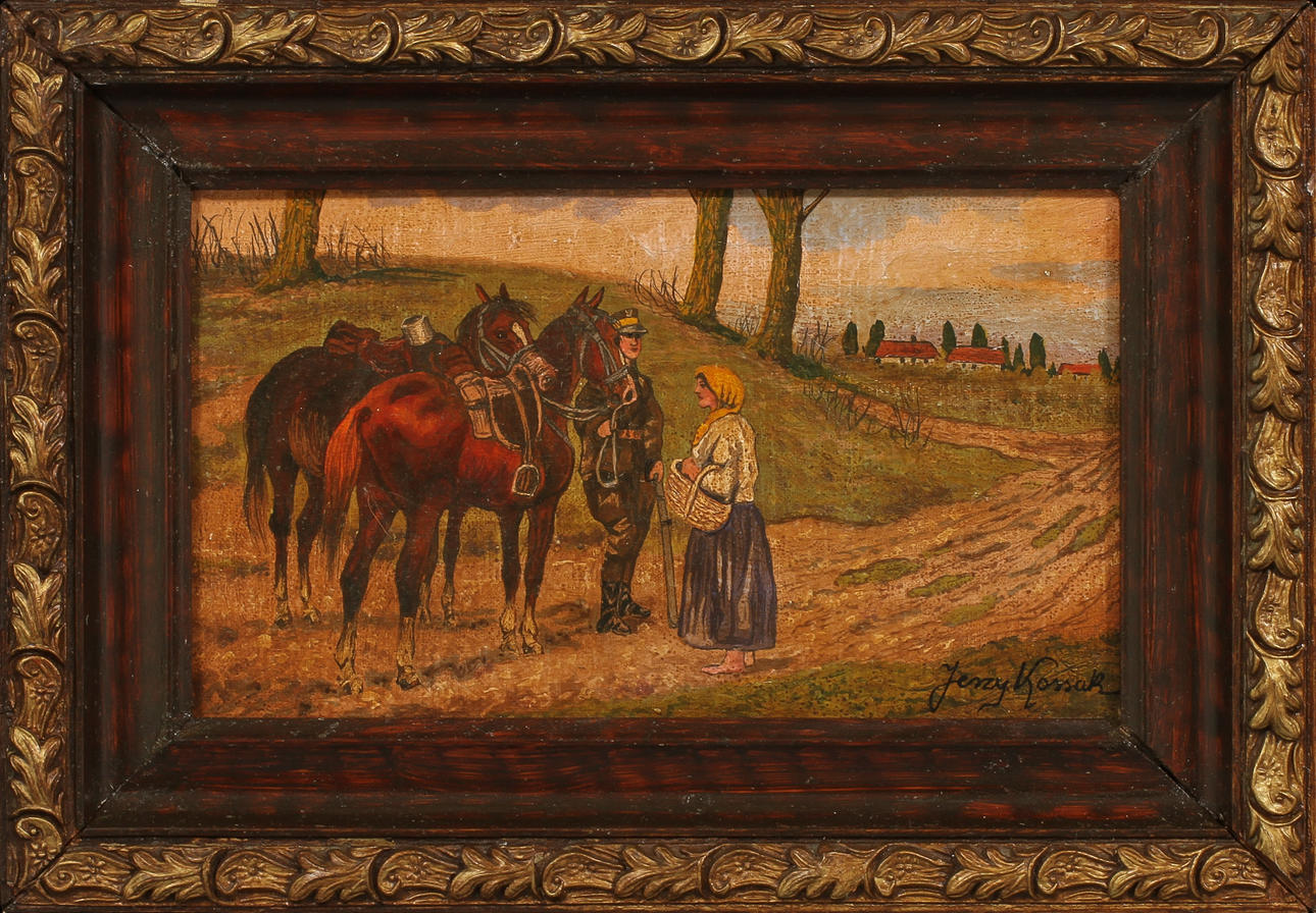 JERZY KOSSAK. Figurscen, olja på duk, signerad.