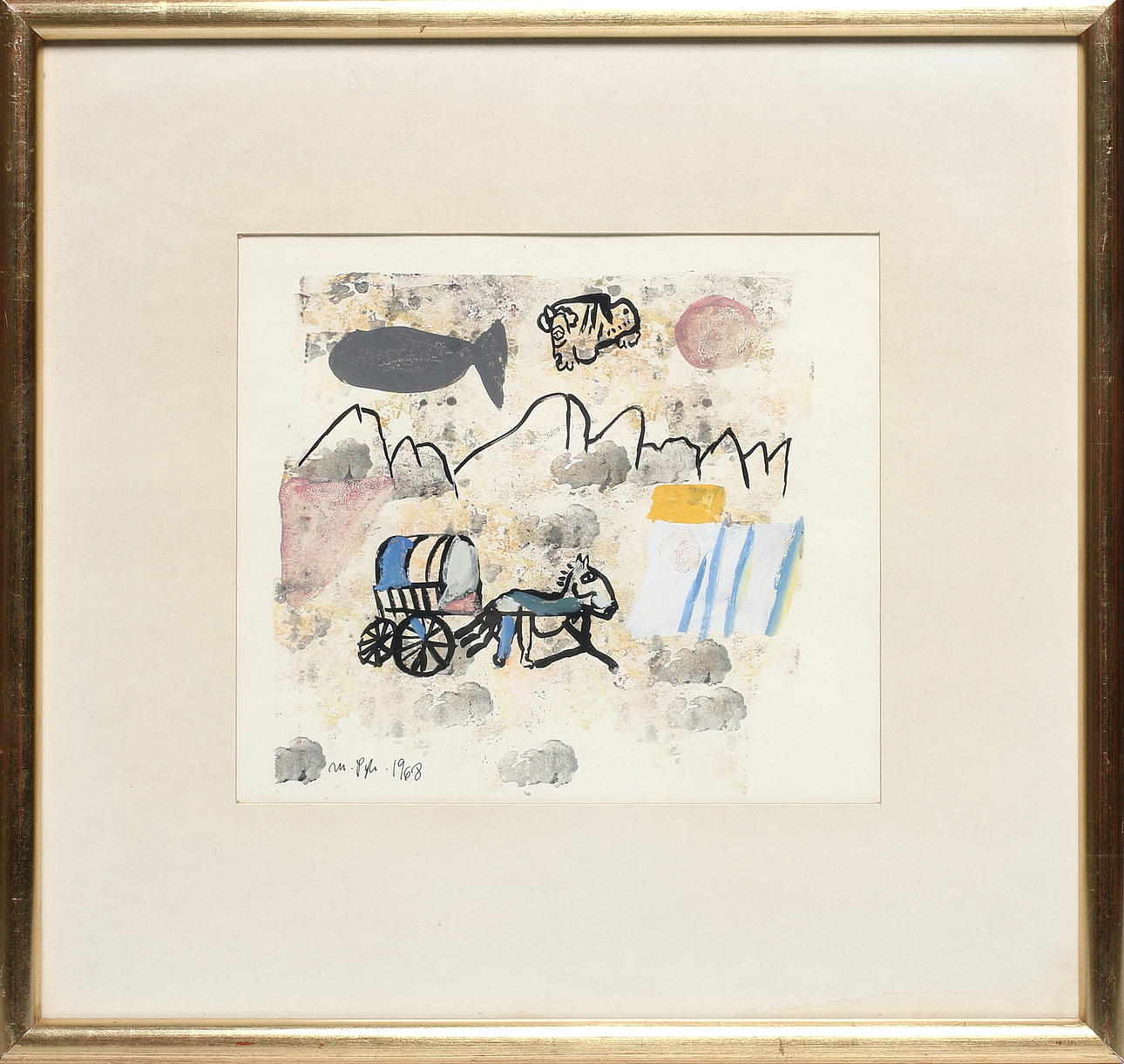MADELEINE PYK. Häst med vagn, gouache. Signerad och daterad, M. Pyk 1968.