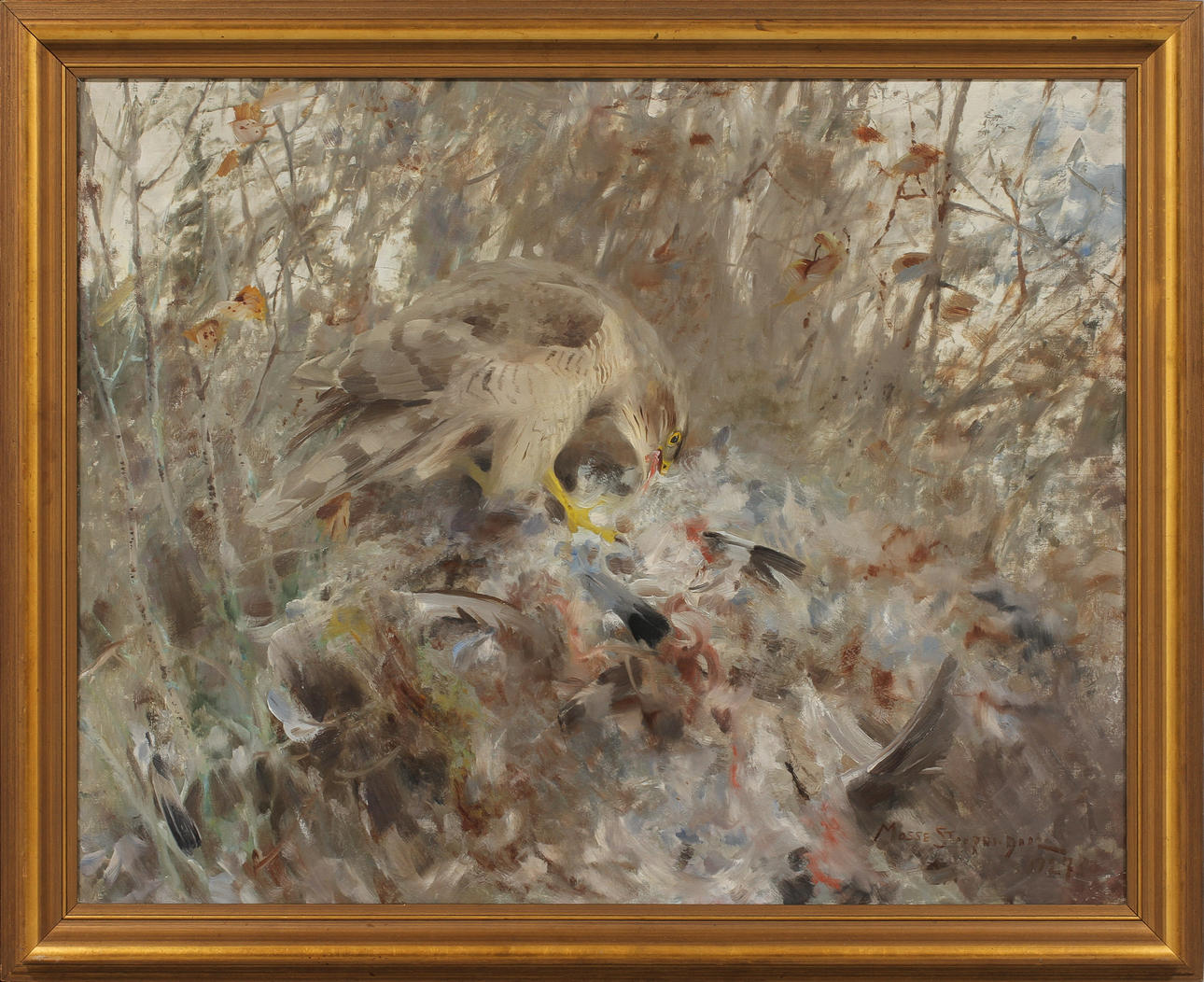 MOSSE STOOPENDAAL. Rovfågel med byte. Olja på duk, signerad och daterad 1927.