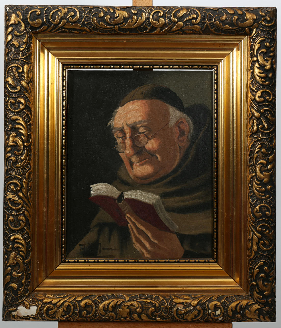 OIDENTIFIERAD KONSTNÄR. Olja på duk, Läsande man, signerad.