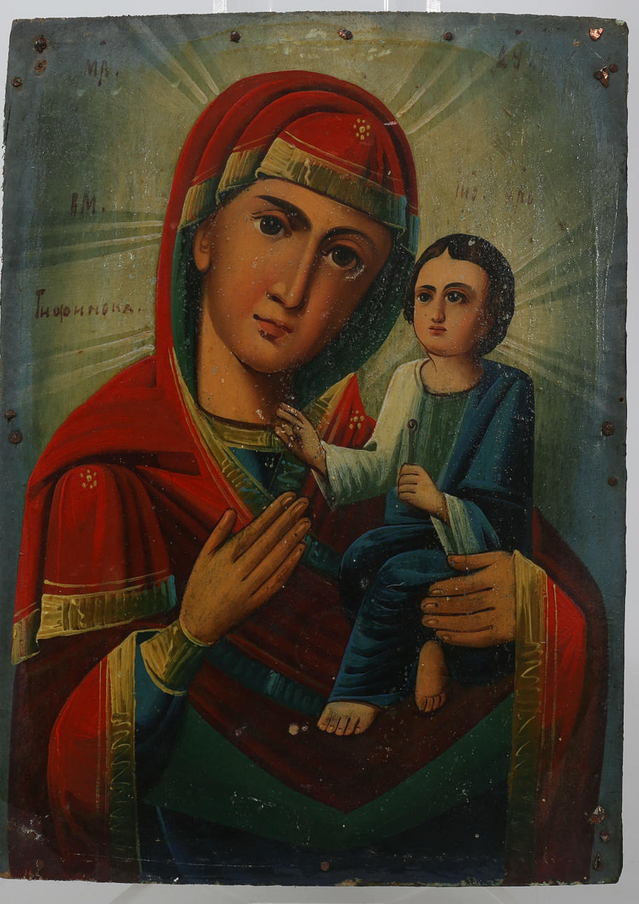 IKON. Tempera på trä, Madonna med barn, Ryssland, 1800-1900-tal.