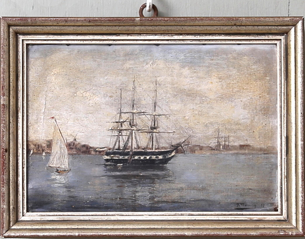 OIDENTIFIERAD KONSTNÄR. Linjeskepp, olja på duk, signerad o daterad -88.