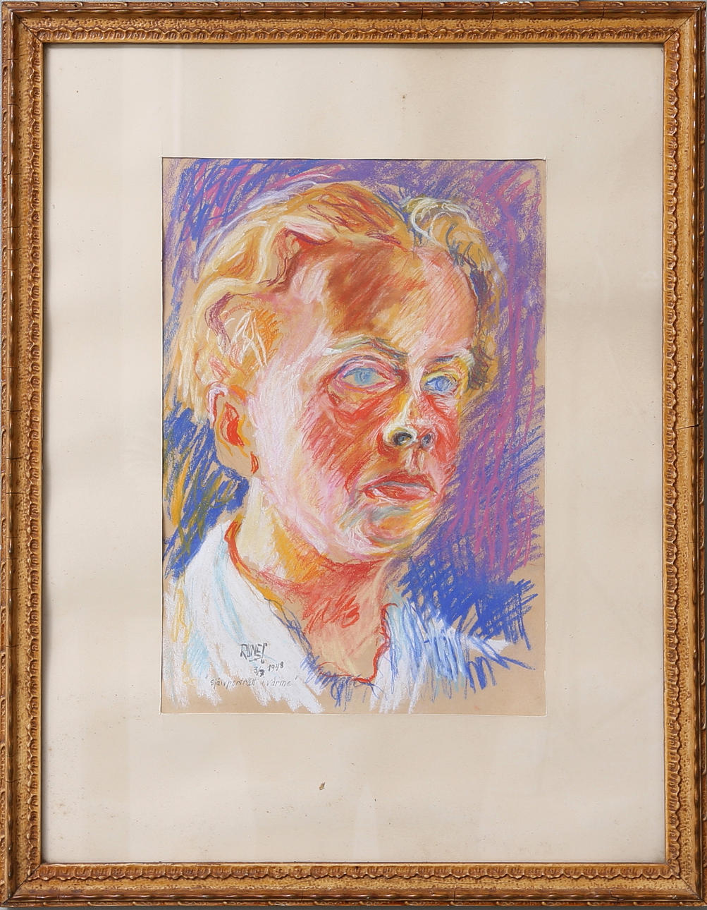 RUNE CLAESSON. "Självporträtt i värme" pastell, signerad o daterad Rune C 1948.
