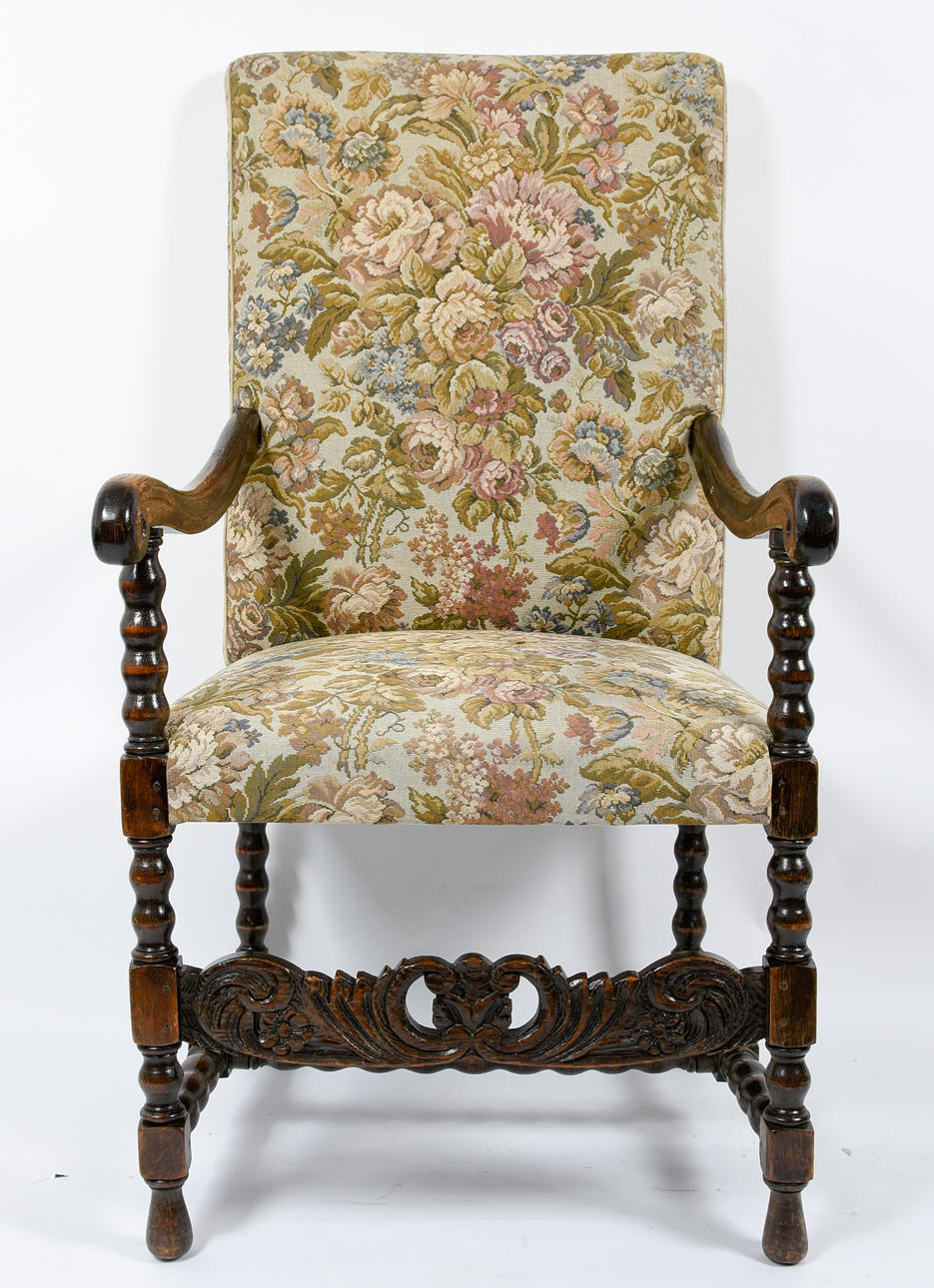 SKRIVBORDSSTOL. Barockstil, korkskruvfot med stag, 19/20. Jhd., ryggstöd med snigel.