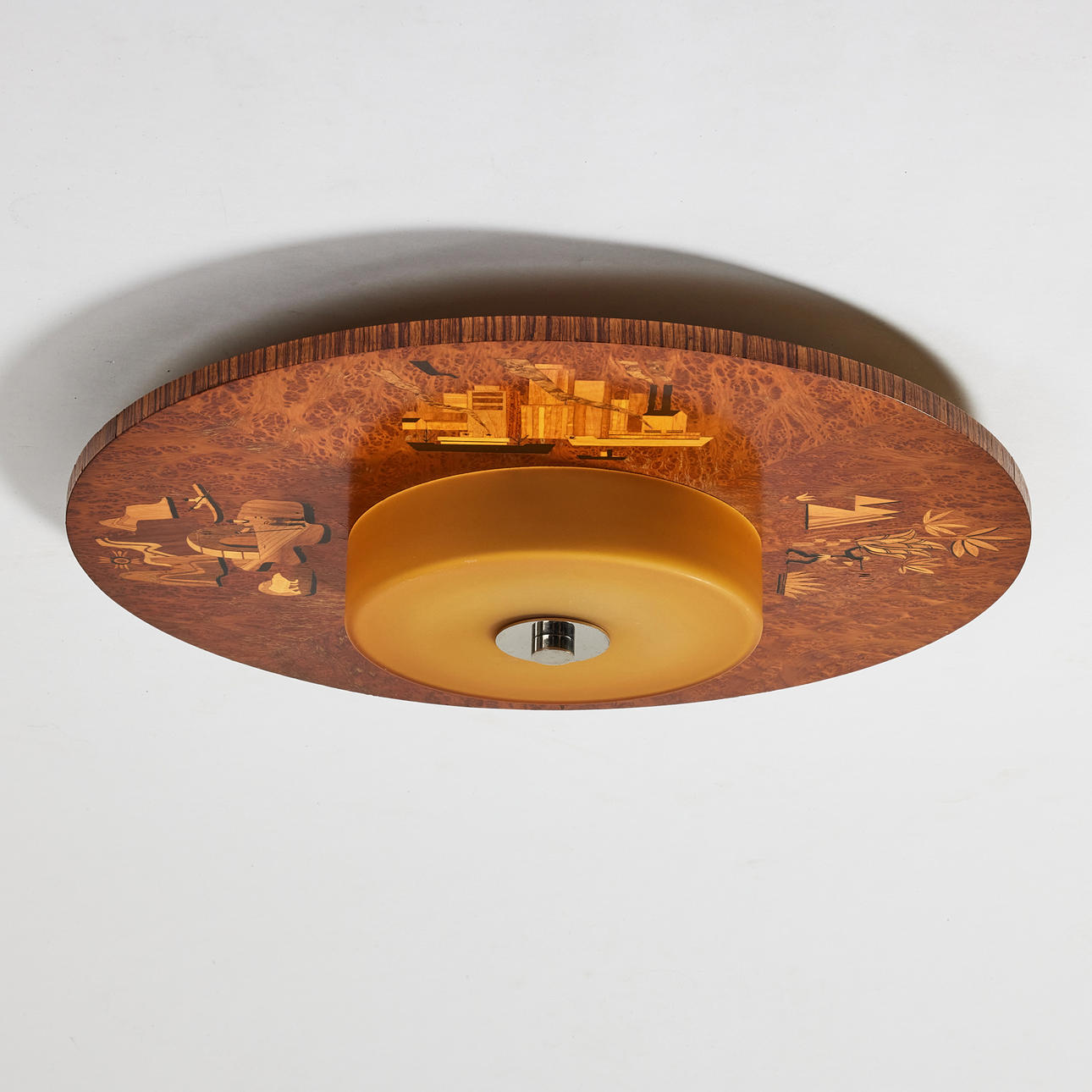 BIRGER EKMAN. Attributed to. Plafond, Mjölby Intarsia, 1930s, root veneer, intarsia decor in various types of wood with landscape scenes and harbor motifs with skyscrapers, amber and matte dome, nickel-plated fittings.