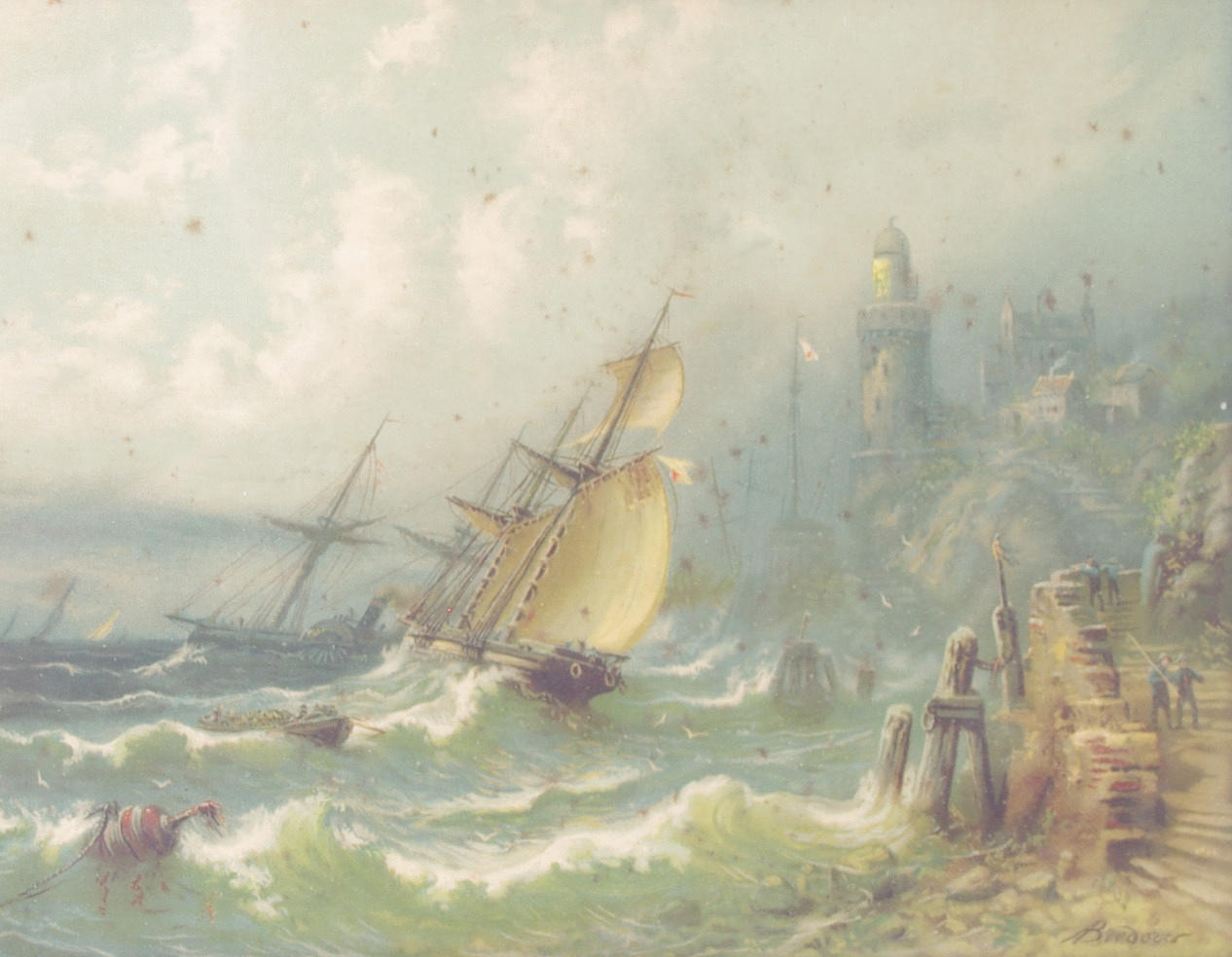 OIDENTIFIERAD KONSTNÄR. Fartyg i storm, oljetryck, signerad Bredow.