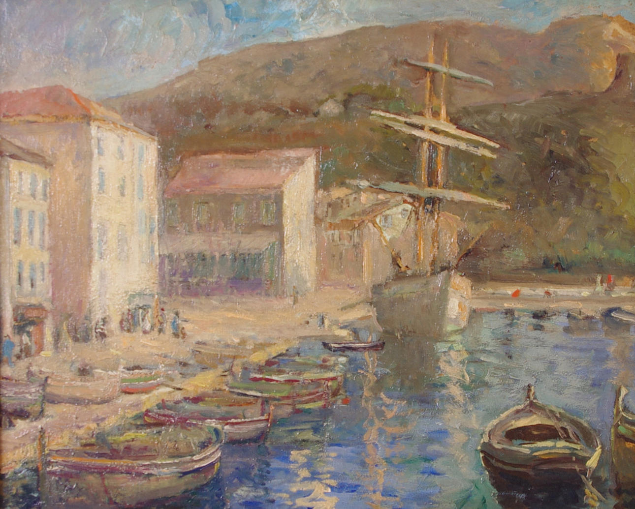 EDWIN JOHN ELLIS. TILLSKRIVEN. Hamnmotiv, olja på pannå, signerad E. Ellis.