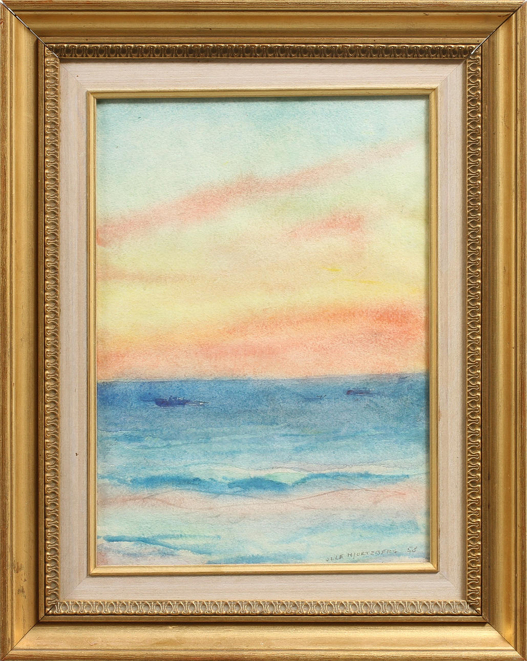 OLLE HJORTZBERG. Solnedgång vid havet. Akvarell, signerad och daterad -58.