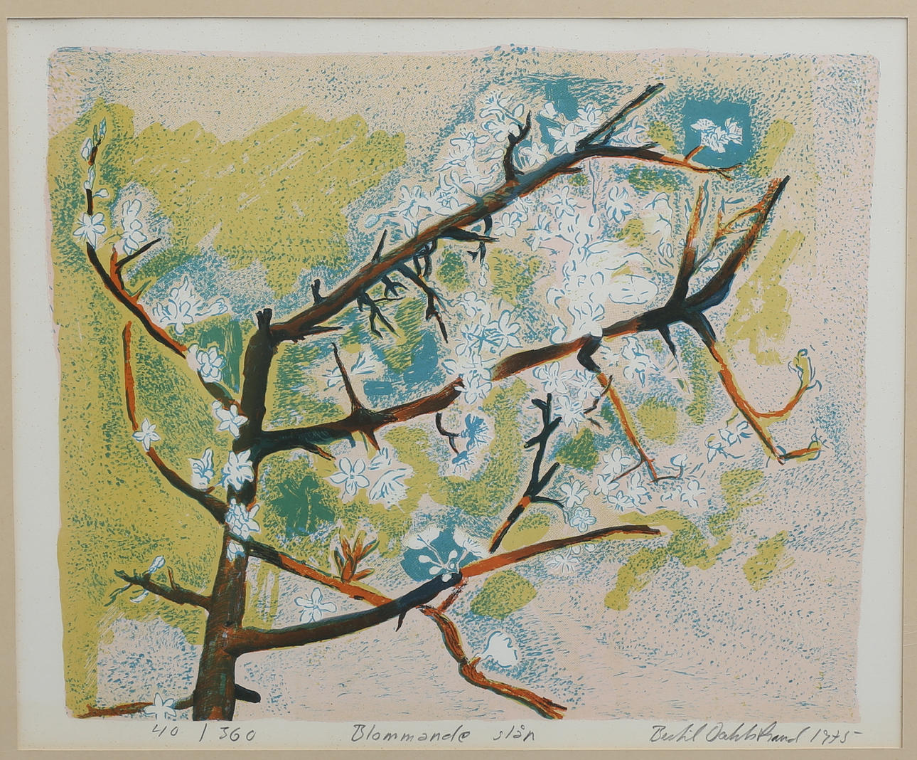 BERTIL DAHLSTRAND. "Blommande slån". Färglitografi, signerad, daterad 1975, numrerad 40/360.