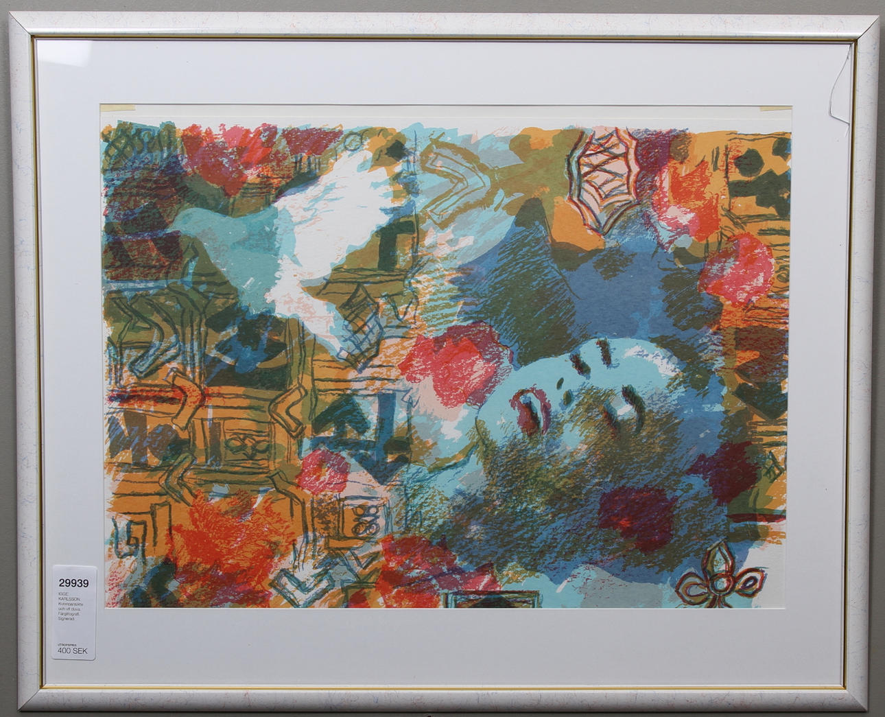 IGGE KARLSSON. Kvinnoansikte och vit duva. Färglitografi. Signerad.