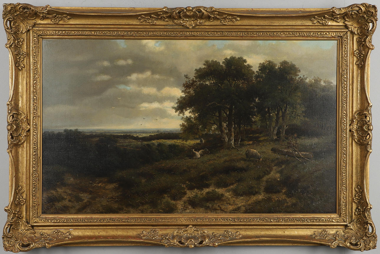 ABRAHAM HULK JUNIOR (1851-1922). SHEEP GRAZING BY A GLADE OF TREES IN OPEN COUNTRY.