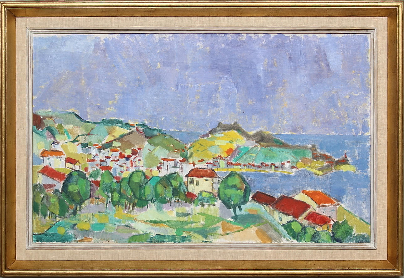 PÄR THORELL. Kustlandskap med hus. Olja på duk. Signerad och daterad -51.