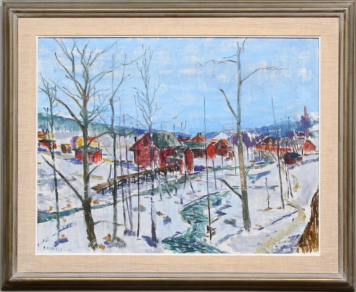 PÄR THORELL. Vinterlandskap med röda hus. Olja på duk. Signerad och daterad -57.