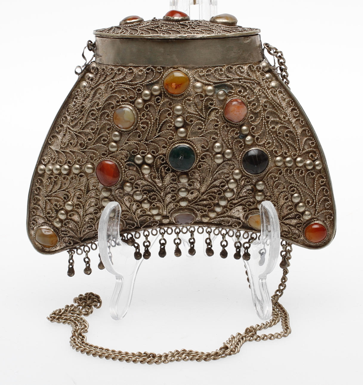 AFTONVÄSKA, metall, filigran med stenar.