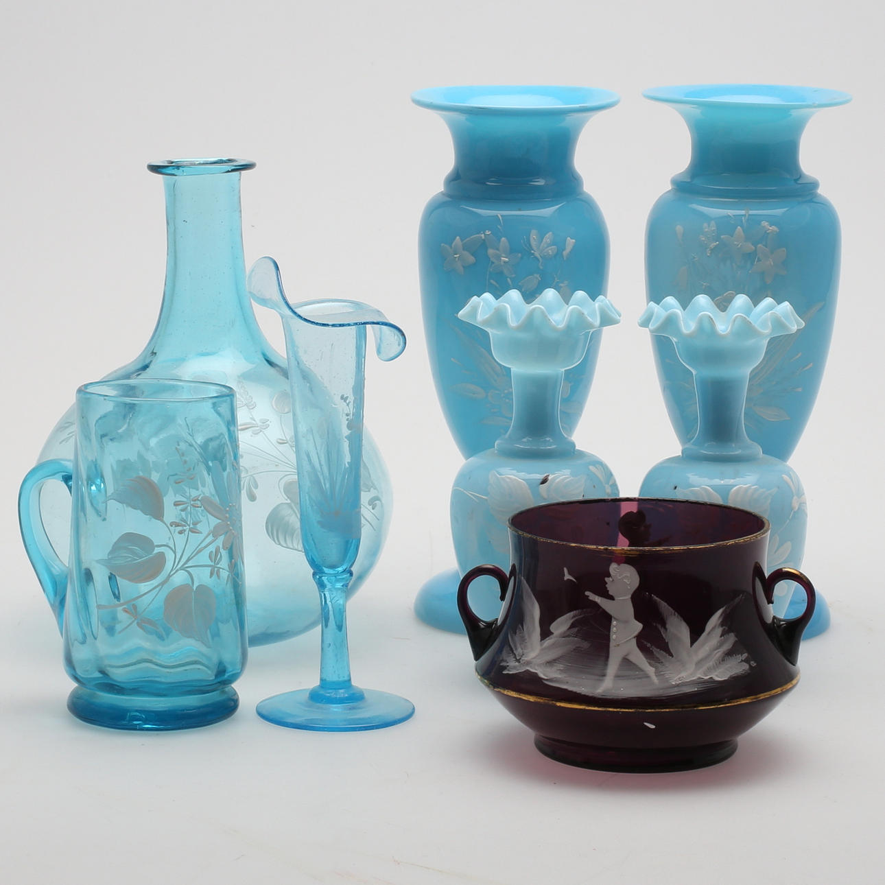 DIVERSE GLAS, 8 st, s.k Mary Gregory, sent 1800-tal.