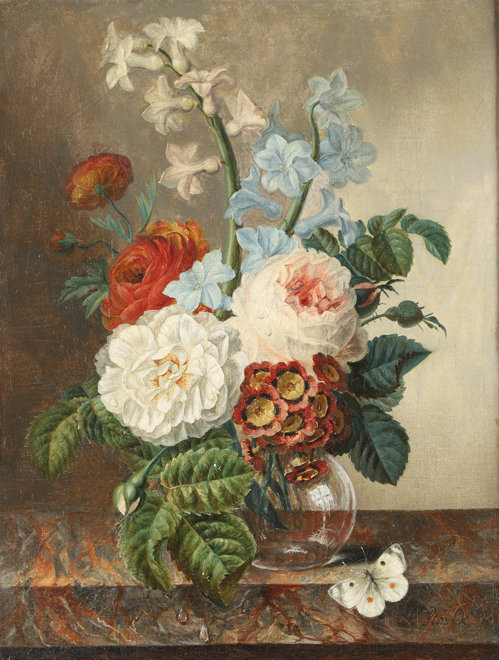 IN THE MANNER OF JAN VAN OS (1744-1808). STILL LIFE OF FLOWERS IN A GLASS BOWL, WITH A BUTTERFLY, ON A STONE LEDGE.
