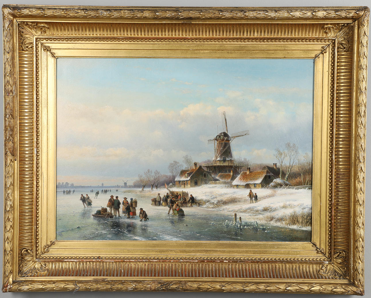 LODEWIJK JOHANNES KLEIJN (1817-1897). A BRIGHT WINTER'S DAY: VILLAGERS ON A FROZEN RIVER NEAR A WINDMILL.