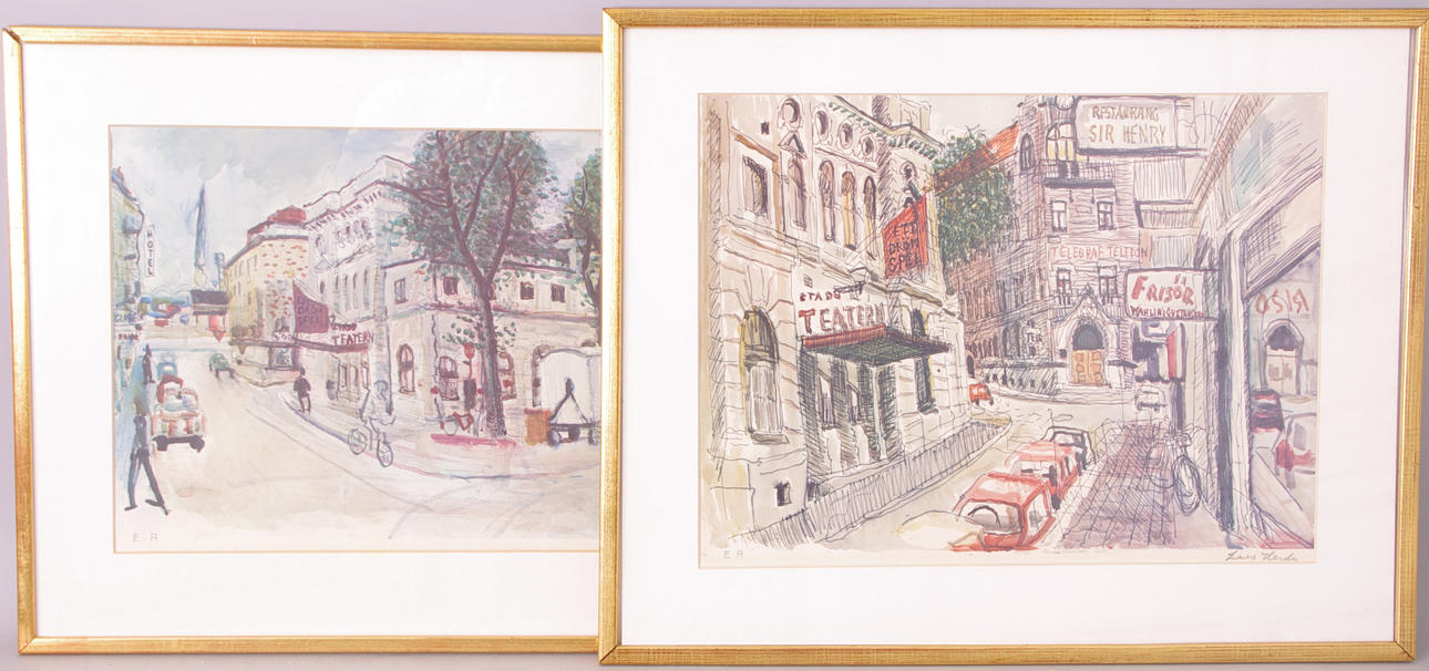 LARS HERDER. 2 helsingborgsmotiv, färglitografier, signerade.