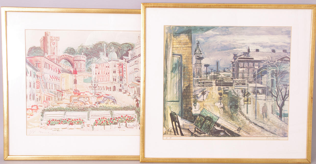 LARS HERDER. 2 helsingborgsmotiv, färglitografier, signerade.