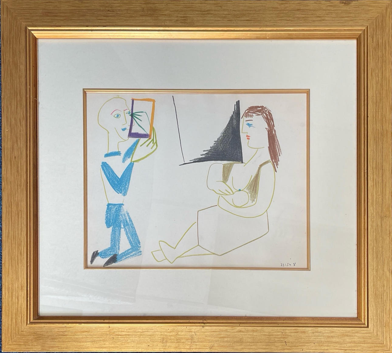 PABLO PICASSO. A GILT FRAMED 1954 LITHOGRAPH 'THE HUMAN COMEDY'.