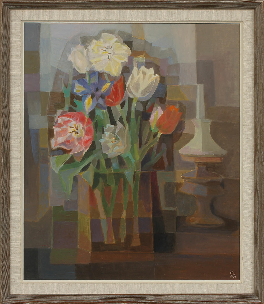 RAGNAR RING. "Tulpaner och iris". Olja på pannå, signerad och daterad 65.