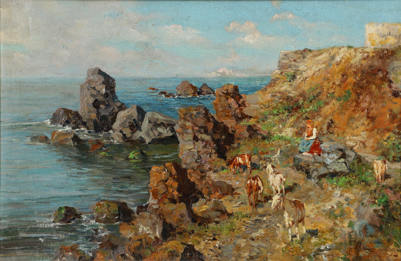 GIUSEPPE GIARDIELLO (1877-1920). GIRL TENDING GOATS ON CRAGGY CLIFFS ON THE ITALIAN COAST.