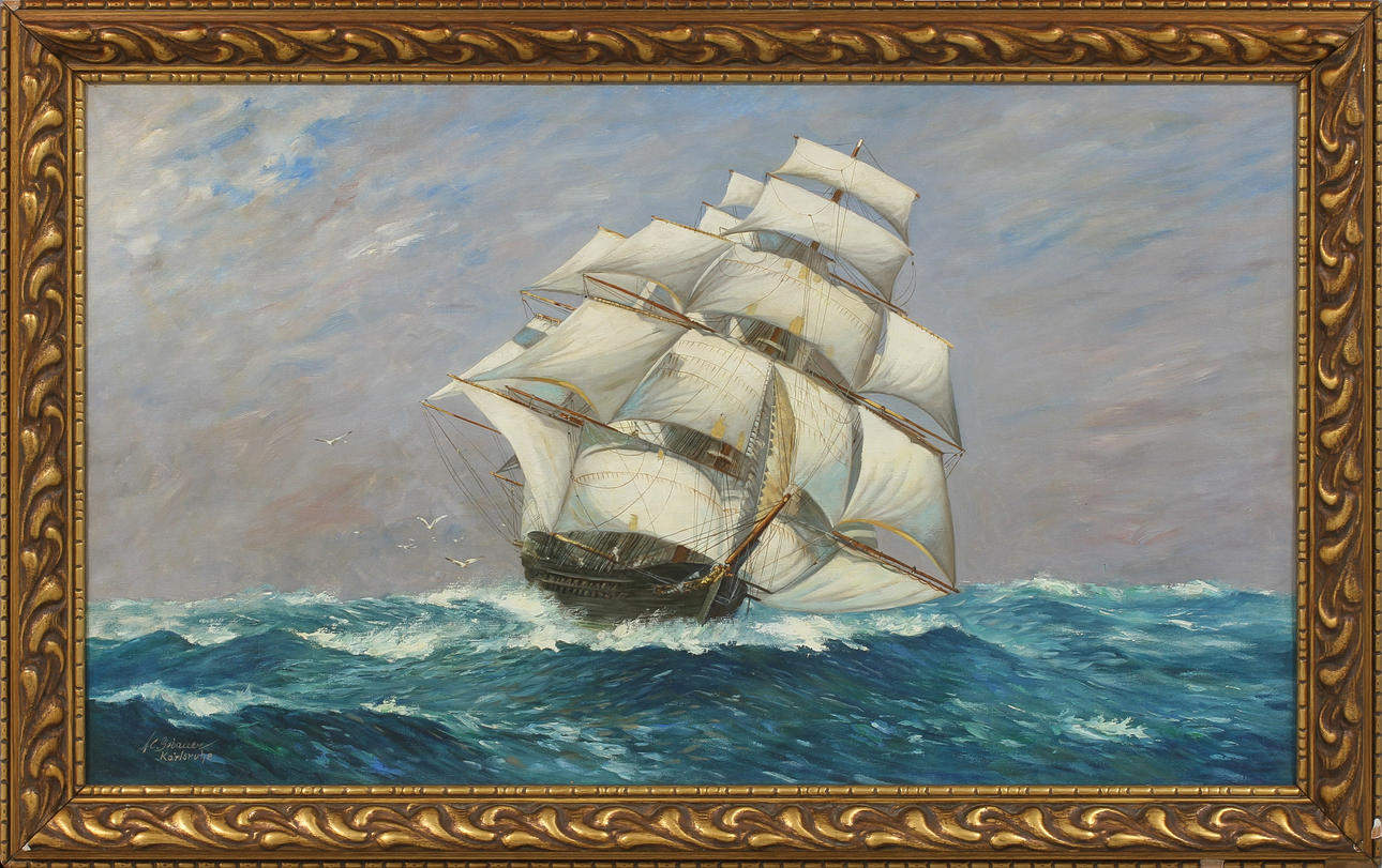 ALFRED GEBAUER. Segelfartyg till havs, olja på duk, signerad, Karlsruhe.
