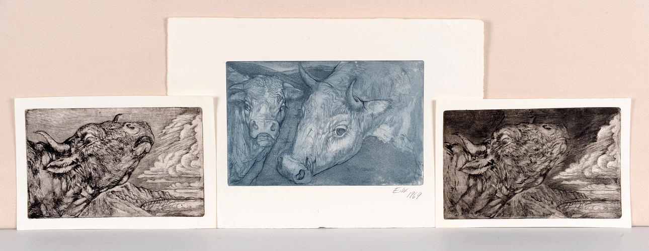 ERNST WOLFHAGEN. Parti 3 etsningar från 1969, ko och tjur.