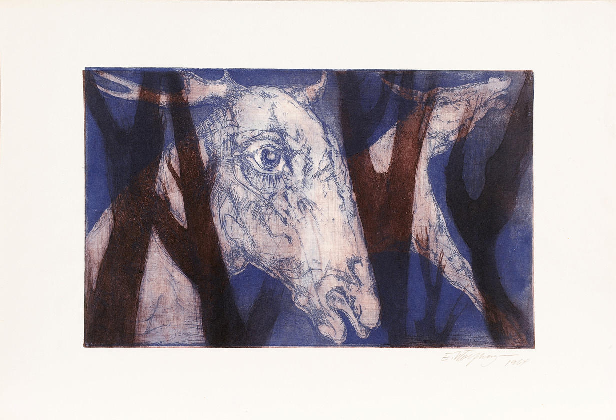 ERNST WOLFHAGEN. Grafik från 1964. En hjort i grenar.