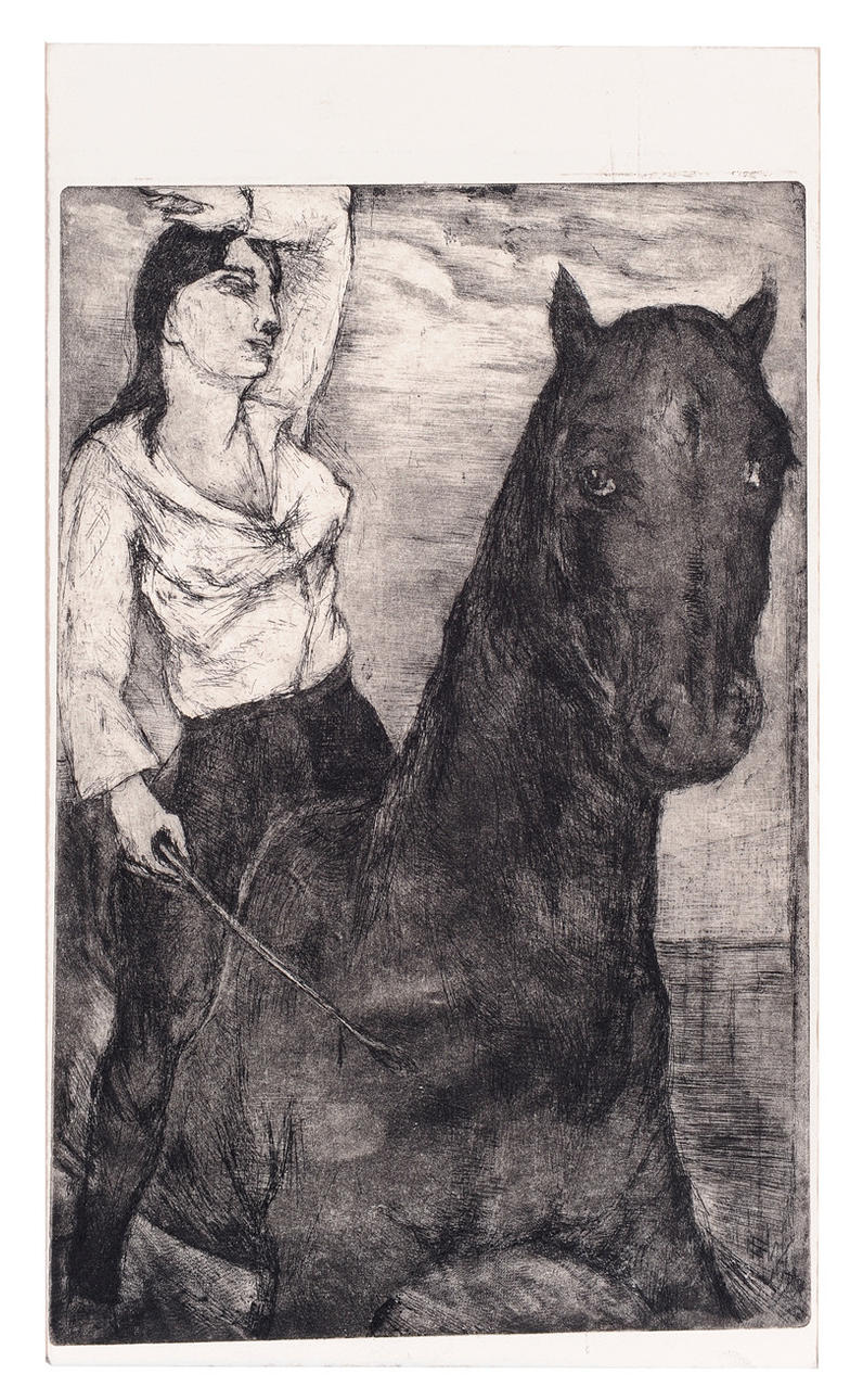 ERNST WOLFHAGEN. TILLSKRIVEN. Kvinna på hästryggen. Osignerad etsning, akt a tergo.