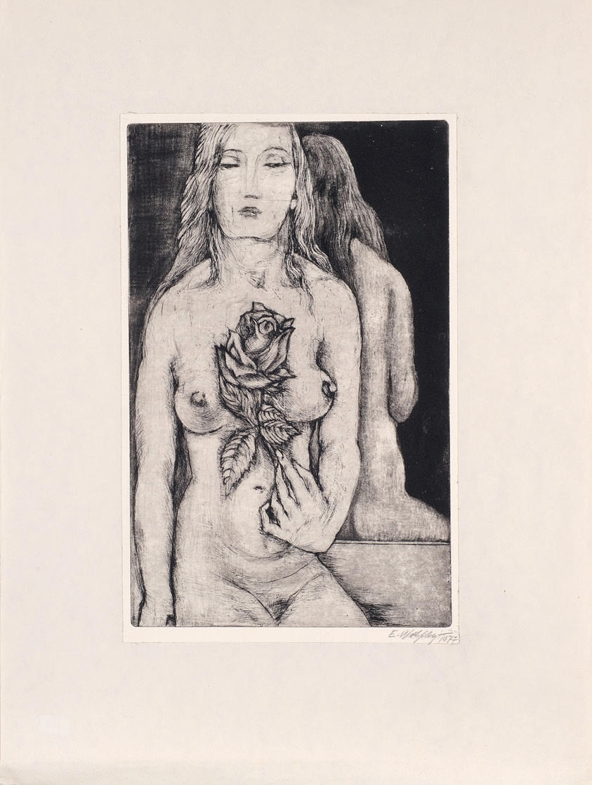 ERNST WOLFHAGEN. Kvinnlig naken med ros. Etsning från 1977.
