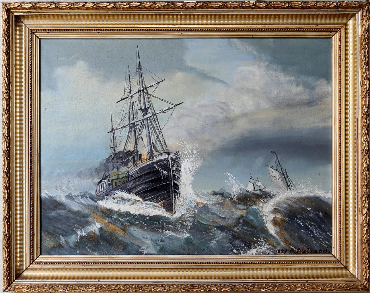 OIDENTIFIERAD KONSTNÄR. Skeppsmotiv, olja på duk, signerad samt daterad, P. Nelsson. 1887.