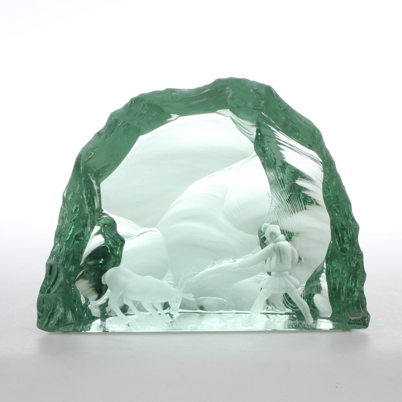 GLASBLOCK, motiv av renskötsel, Vicke Lindstrand, Kosta.