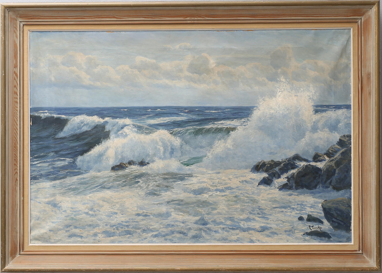 ERNST LUCKE. Bränningar. Olja på duk, signerad.