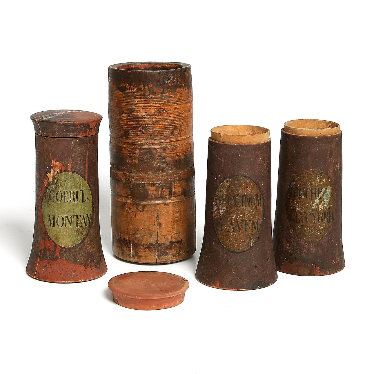 APOTEKSBURKAR samt KÄRL, 4 delar, bemålat trä, 1700/1800-tal.