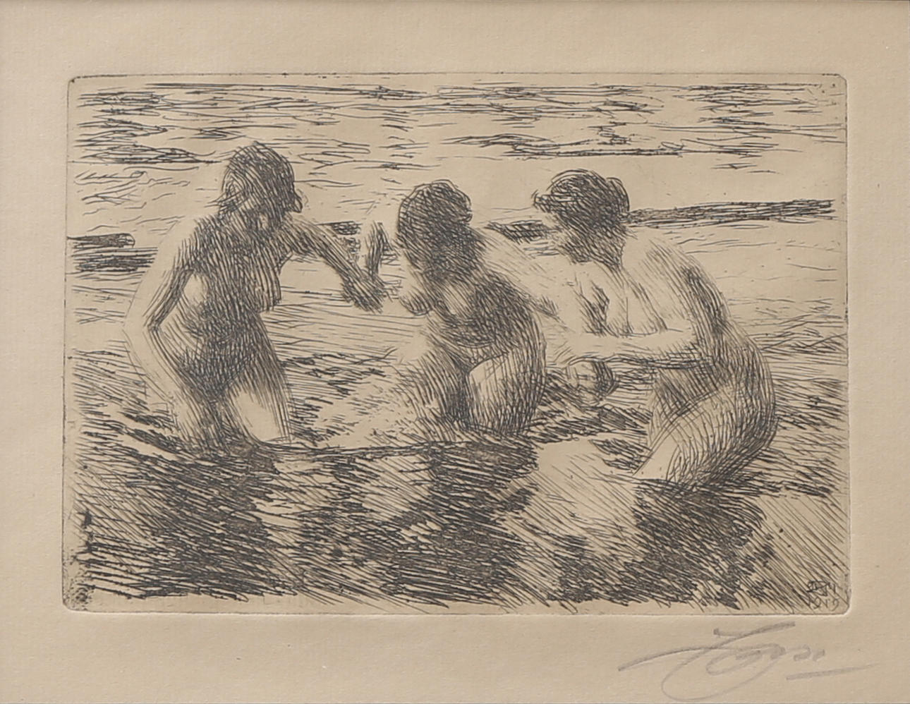 ANDERS ZORN. "Mot strömmen". Etsning, signerad.