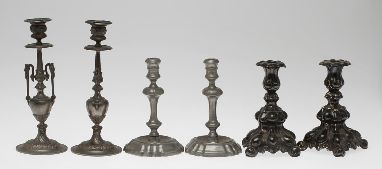 LJUSSTAKAR, 3 par, nysilver och tenn, 1900-tal.