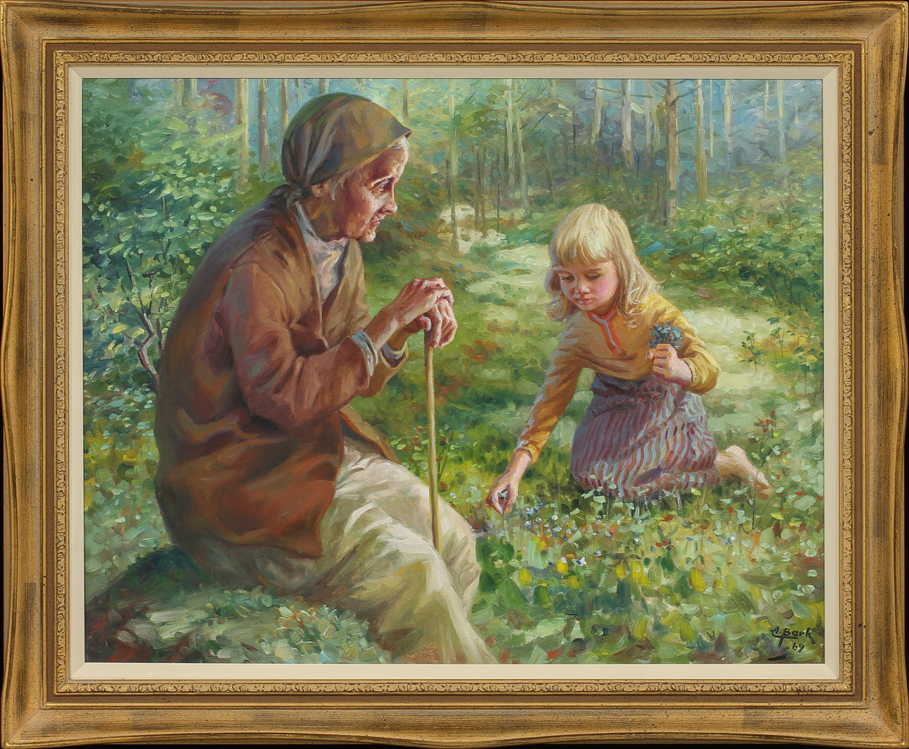 ARNE BARK. Flicka och gumma i skogen, olja på duk, signerad.