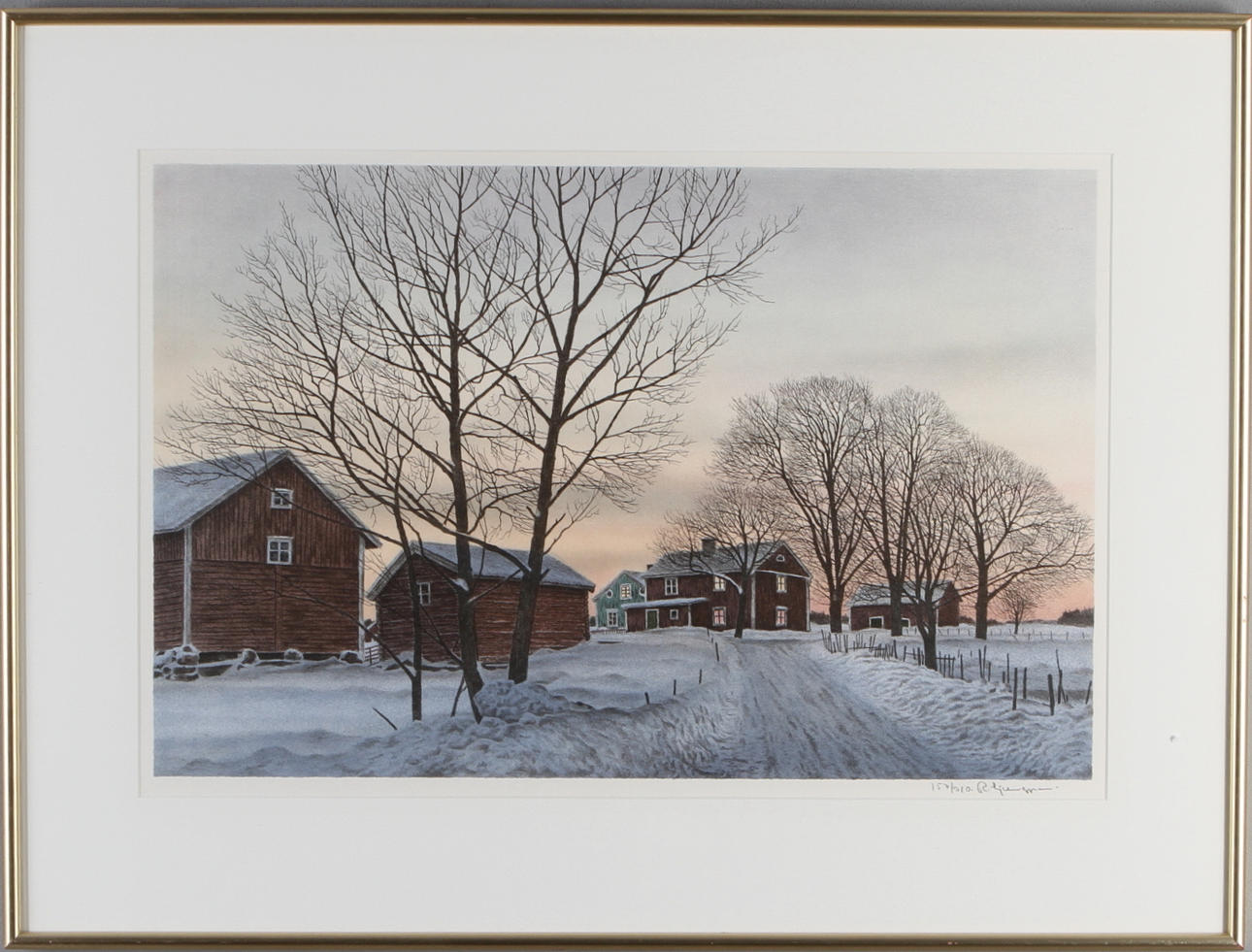 REINHOLD LJUNGGREN. Gårdsmotiv, färglitografi, signerad och numrerad 157/310.