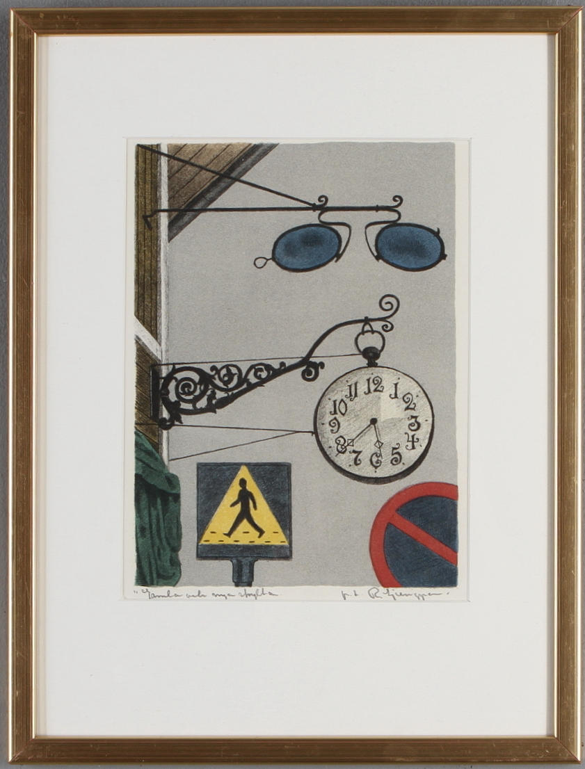 REINHOLD LJUNGGREN. "Gamla och nya skyltar", färglitografi, signerad.