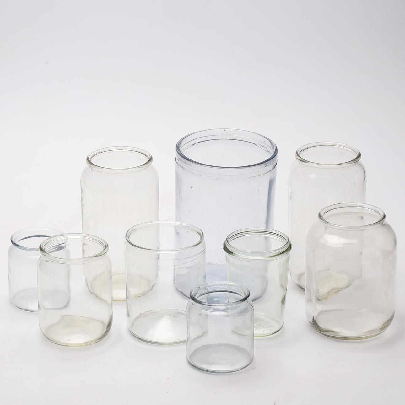JARS, 9 pcs, one marked "Seda jam glass...".